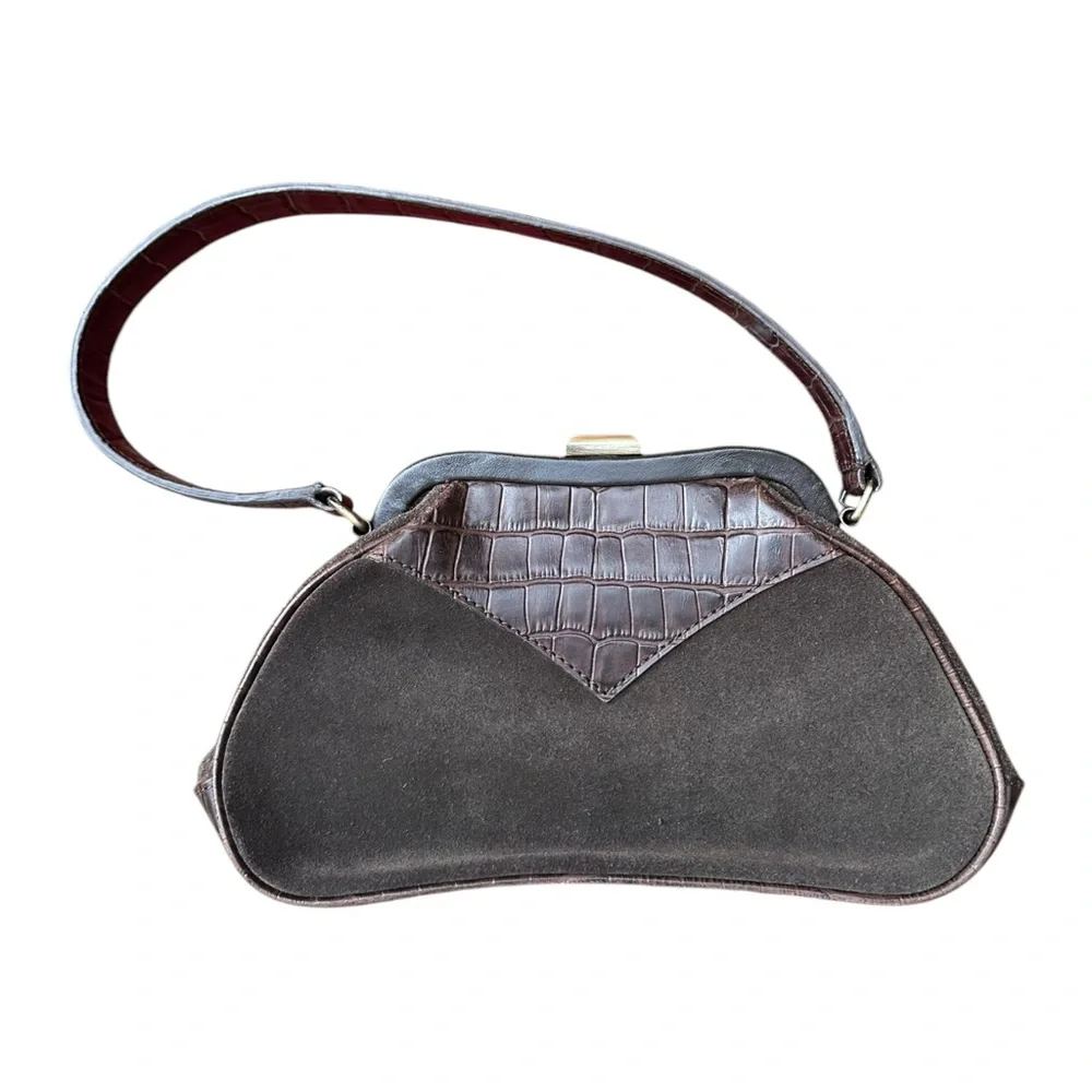 Vintage Laura Ashley Brown Leather Suede & Faux Croc Clasp Handbag - Picture 2 of 11
